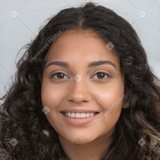 Joyful latino young-adult female with long  black hair and brown eyes