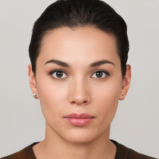 Neutral white young-adult female with short  brown hair and brown eyes