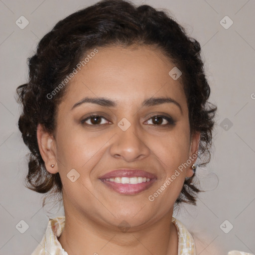 Joyful latino young-adult female with medium  brown hair and brown eyes