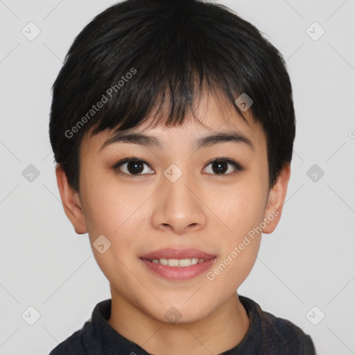 Joyful asian young-adult female with short  brown hair and brown eyes