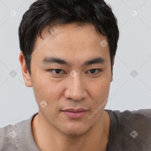 Neutral asian young-adult male with short  brown hair and brown eyes