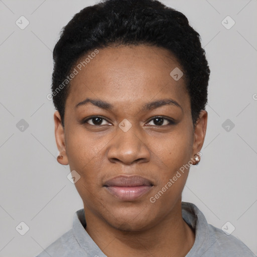 Joyful black young-adult female with short  black hair and brown eyes