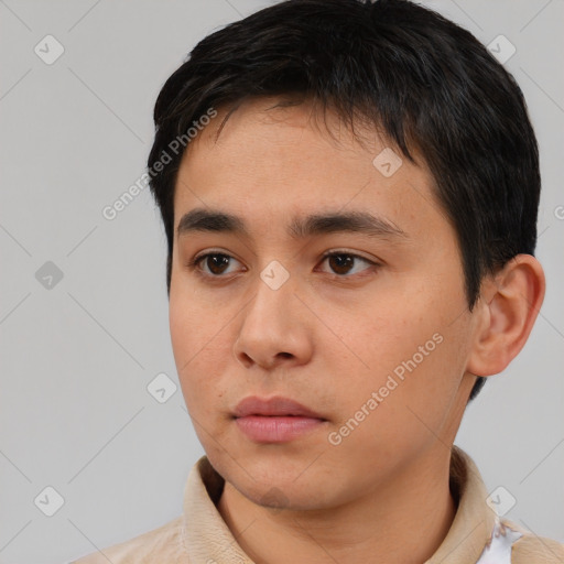 Neutral white young-adult male with short  black hair and brown eyes