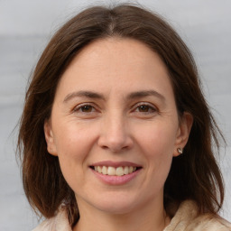 Joyful white adult female with medium  brown hair and brown eyes