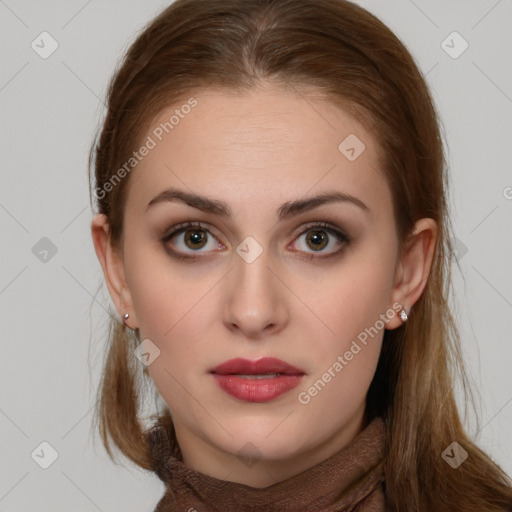 Neutral white young-adult female with long  brown hair and brown eyes