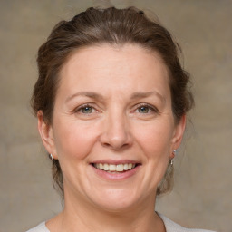 Joyful white adult female with medium  brown hair and grey eyes