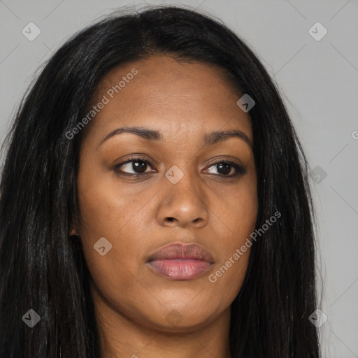 Joyful asian young-adult female with long  brown hair and brown eyes