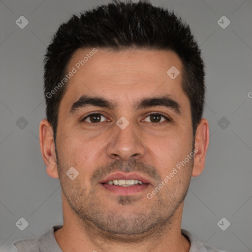 Joyful white young-adult male with short  brown hair and brown eyes