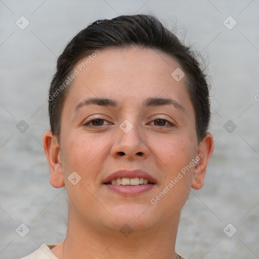 Joyful white young-adult female with short  brown hair and brown eyes