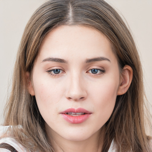 Neutral white young-adult female with long  brown hair and grey eyes