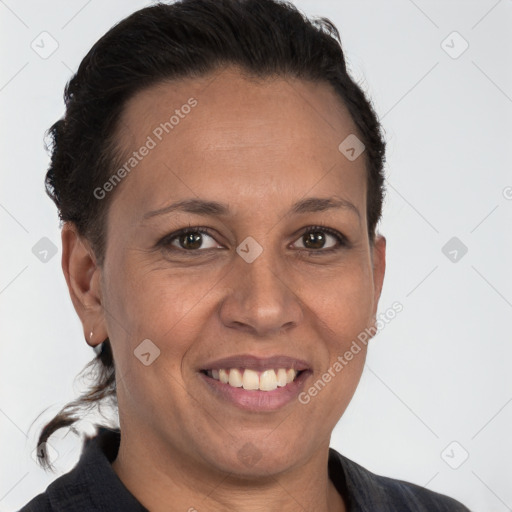 Joyful white adult female with short  brown hair and brown eyes