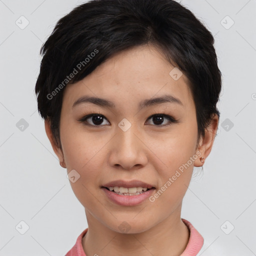 Joyful asian young-adult female with short  black hair and brown eyes