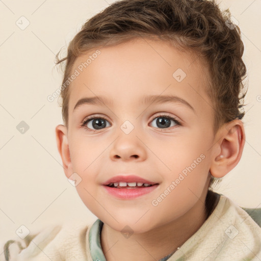 Joyful white child female with short  brown hair and brown eyes