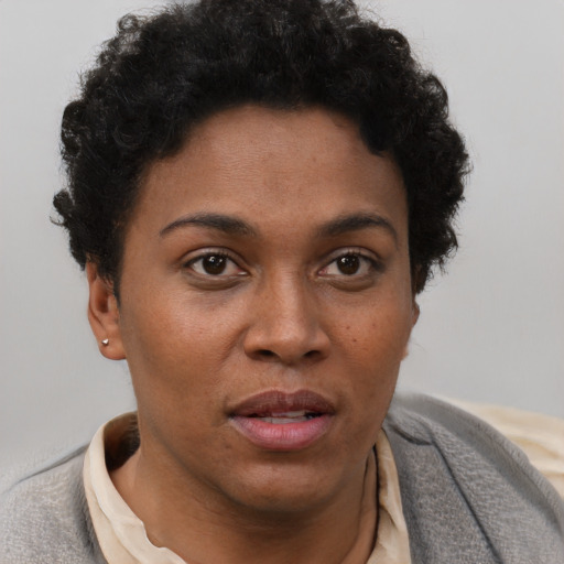 Neutral black young-adult female with short  brown hair and brown eyes