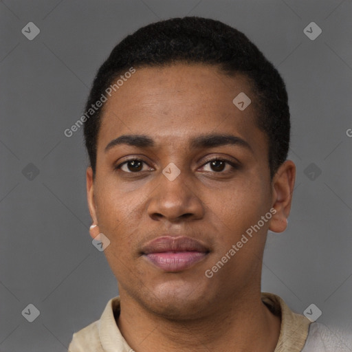 Neutral latino young-adult male with short  black hair and brown eyes