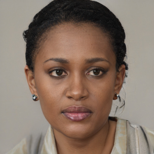 Joyful black young-adult female with short  brown hair and brown eyes