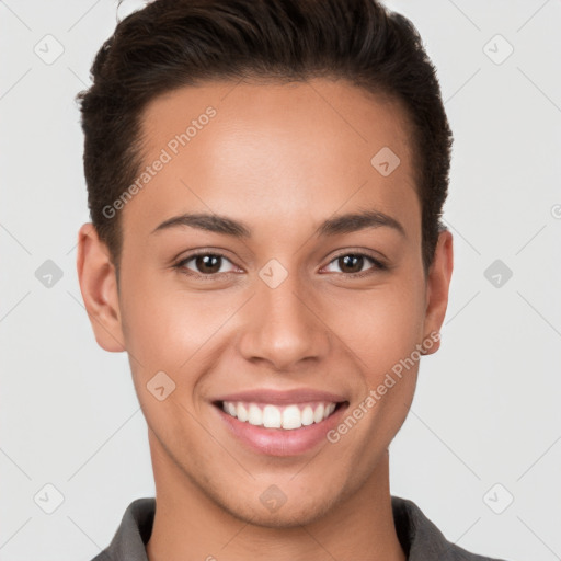 Joyful white young-adult female with short  brown hair and brown eyes