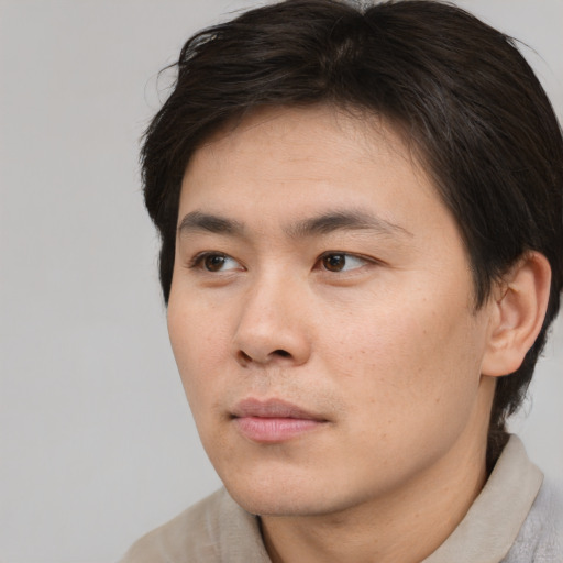 Neutral asian young-adult male with short  brown hair and brown eyes