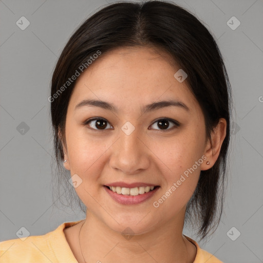 Joyful white young-adult female with medium  brown hair and brown eyes