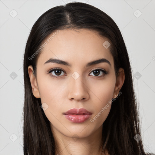 Neutral white young-adult female with long  brown hair and brown eyes