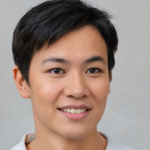 Joyful asian young-adult male with short  brown hair and brown eyes