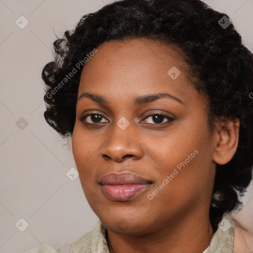 Joyful black young-adult female with medium  black hair and brown eyes