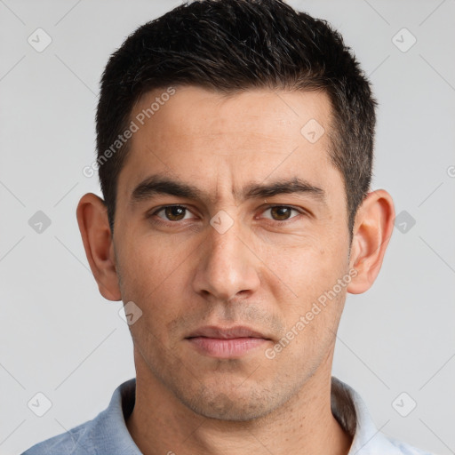 Neutral white adult male with short  brown hair and brown eyes