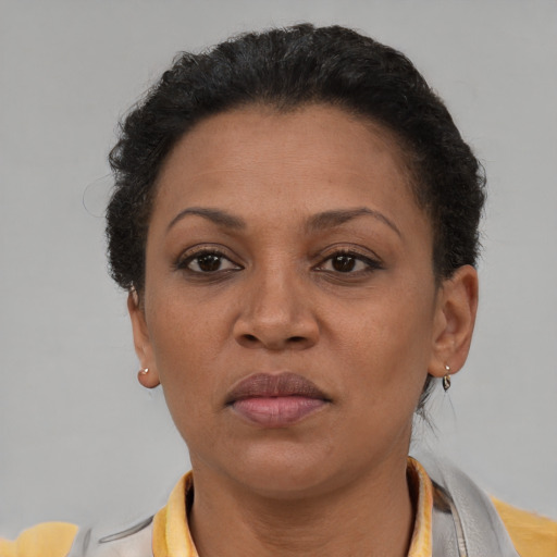 Neutral latino adult female with short  brown hair and brown eyes