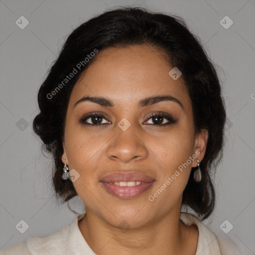 Joyful black young-adult female with medium  brown hair and brown eyes