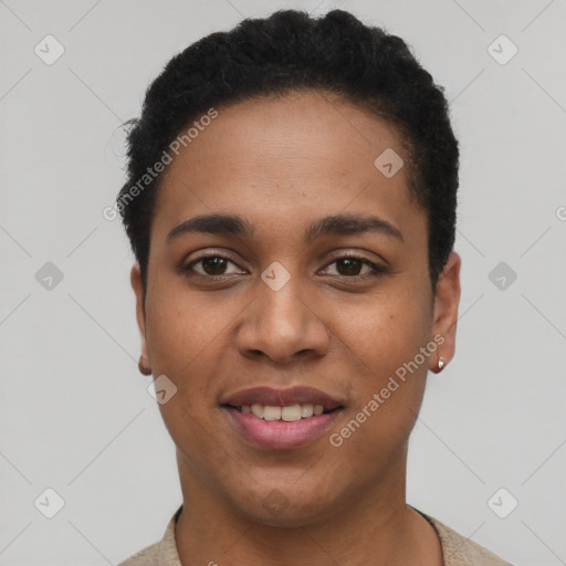 Joyful latino young-adult female with short  black hair and brown eyes