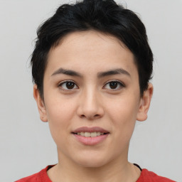 Joyful asian young-adult female with short  brown hair and brown eyes