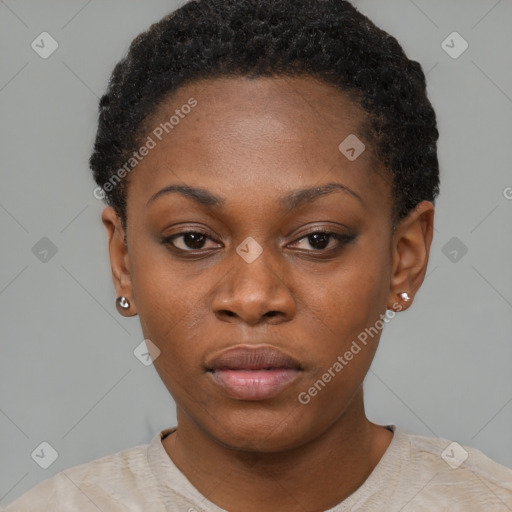 Neutral black young-adult female with short  black hair and brown eyes