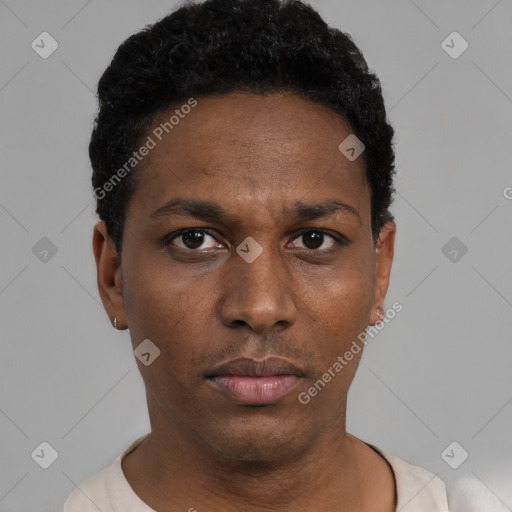 Neutral black young-adult male with short  black hair and brown eyes
