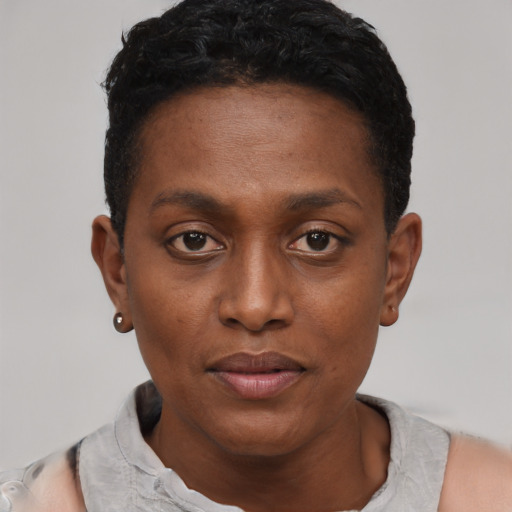 Neutral black young-adult female with short  black hair and brown eyes