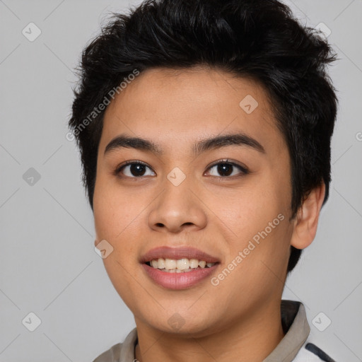 Joyful asian young-adult female with short  brown hair and brown eyes