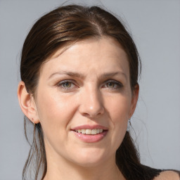 Joyful white adult female with medium  brown hair and grey eyes