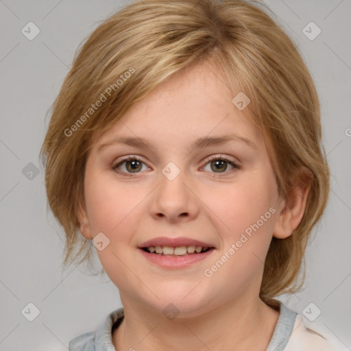 Joyful white child female with medium  brown hair and grey eyes