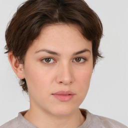 Neutral white young-adult female with short  brown hair and brown eyes