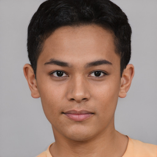 Neutral asian young-adult male with short  black hair and brown eyes