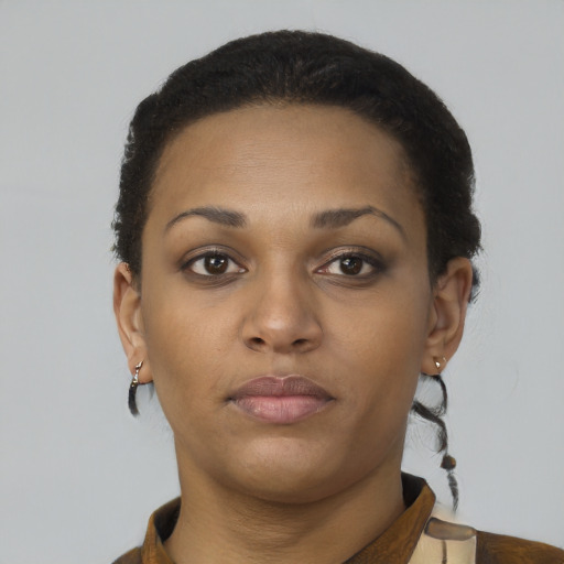 Neutral black young-adult female with short  brown hair and brown eyes