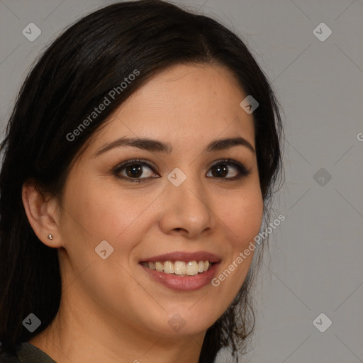 Joyful white young-adult female with long  brown hair and brown eyes