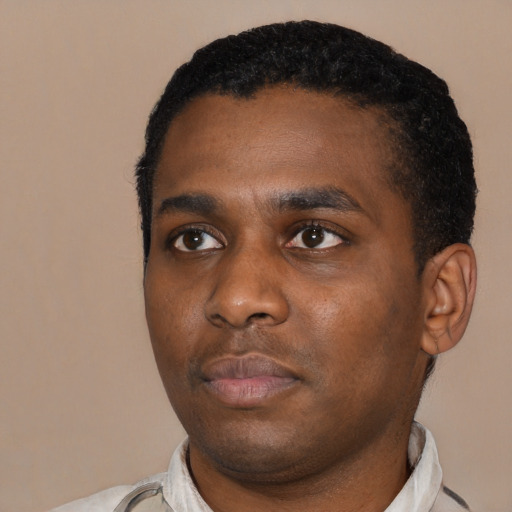 Neutral black young-adult male with short  black hair and brown eyes