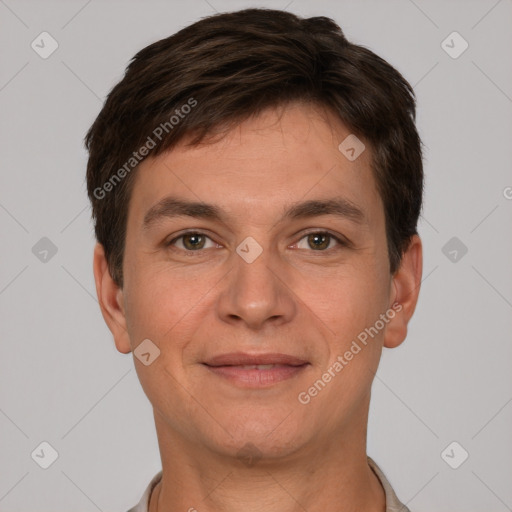 Joyful white young-adult male with short  brown hair and brown eyes