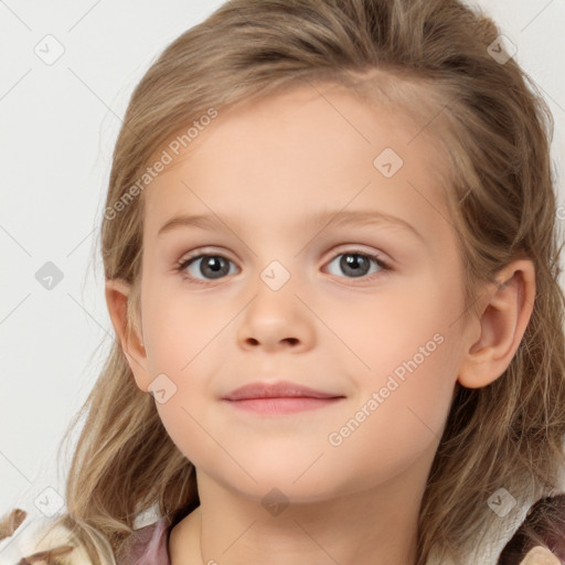 Joyful white child female with medium  brown hair and grey eyes