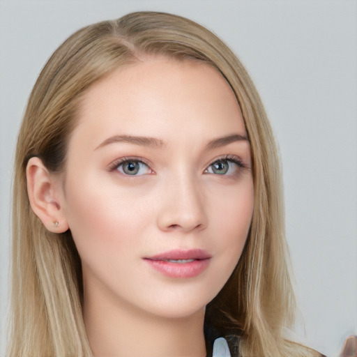 Neutral white young-adult female with long  brown hair and grey eyes