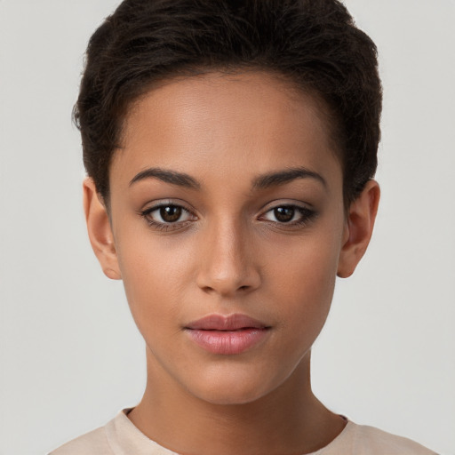 Neutral white young-adult female with short  brown hair and brown eyes