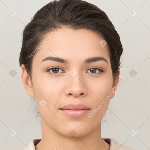 Neutral white young-adult female with medium  brown hair and brown eyes