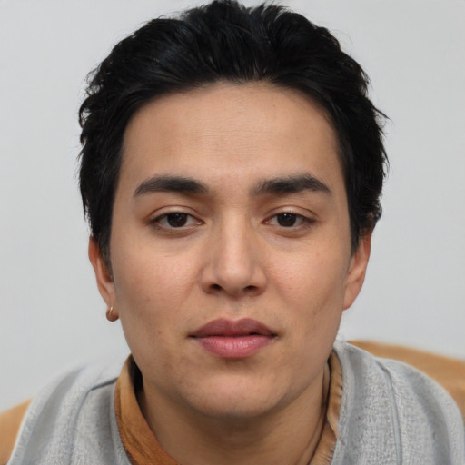 Neutral asian young-adult male with short  black hair and brown eyes