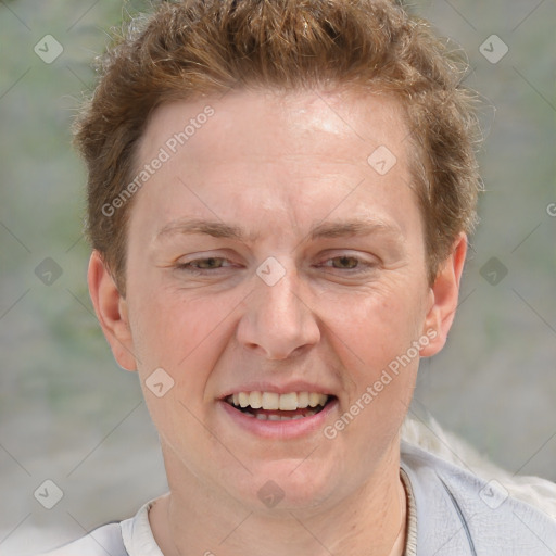 Joyful white adult female with short  brown hair and brown eyes