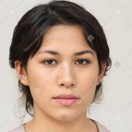 Neutral asian young-adult female with medium  brown hair and brown eyes